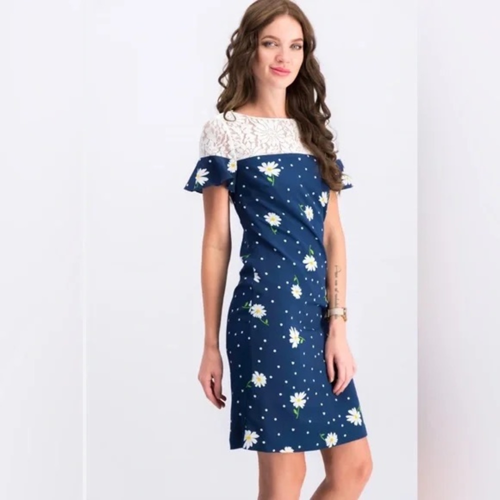 NWT Karl Lagerfeld blue floral sheath dress lace neckline women’s large daisy